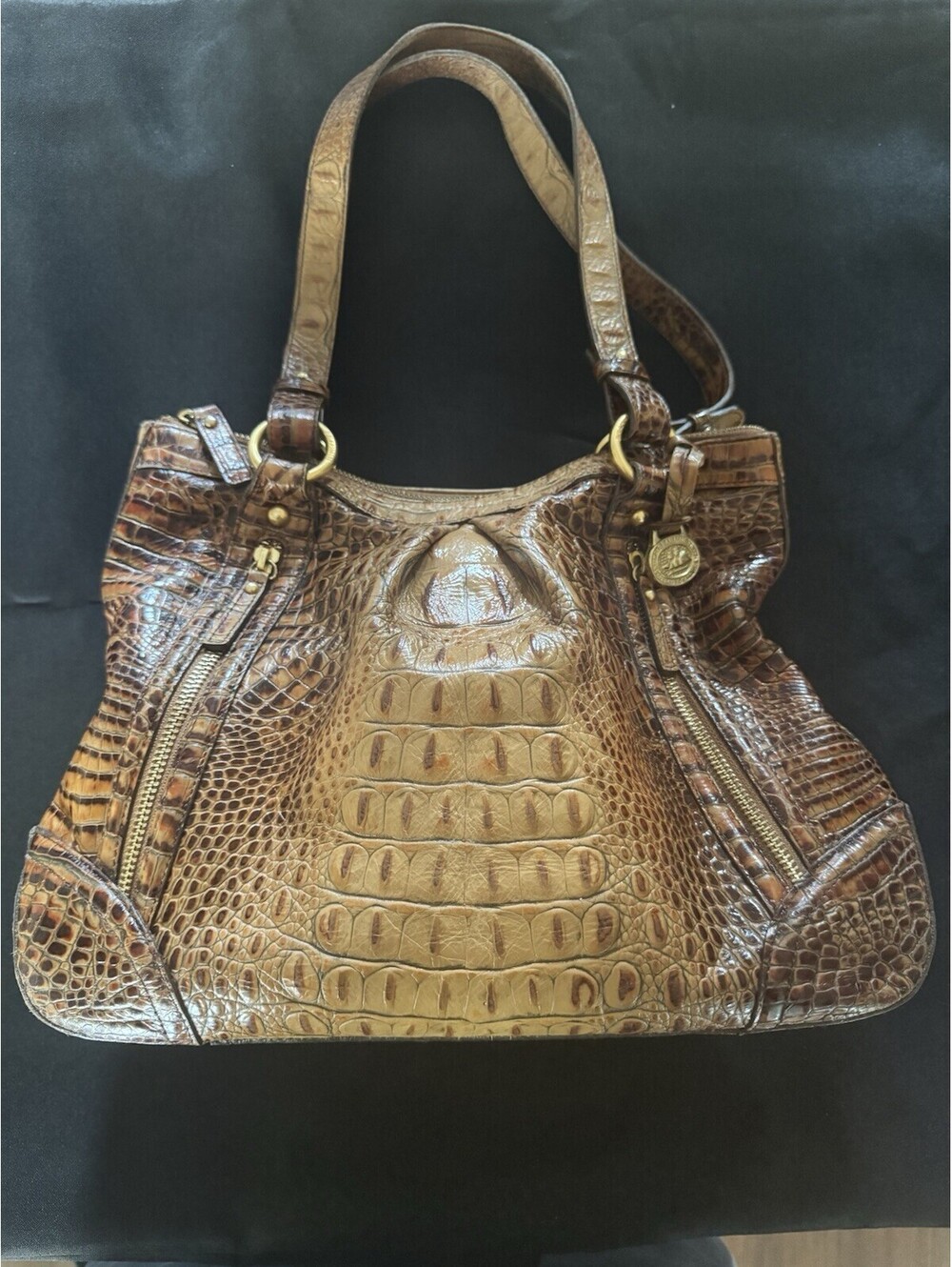 Brahmin Melbourne Croc-Embossed Leather Shoulder Bag Brown 16" Gold HW